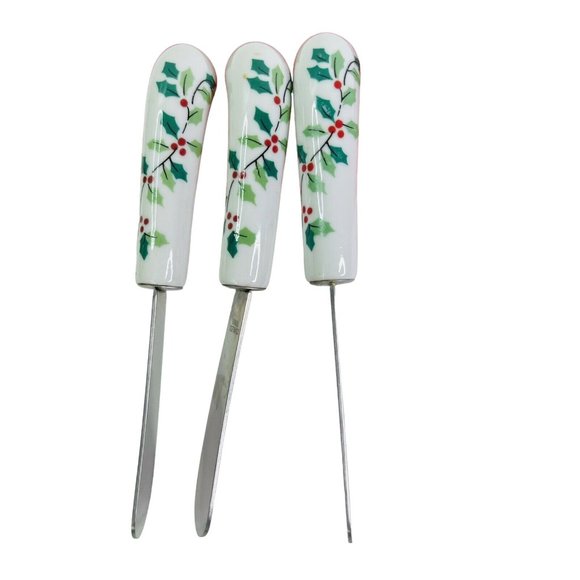 Christmas Pie Cake Server Cheese Knife Set Ceramic Handle Stainless Steel Holly - Picture 3 of 9